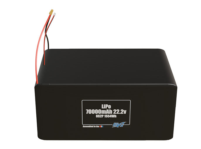 Front-facing render of the 22.2V 70000mAh 6S2P LiPo battery, assembled in the USA by maxamps, for drone and robotics applications.