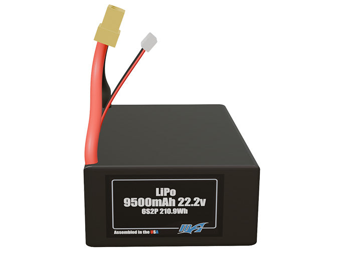 Front-facing render of the 22.2 9500mAh 6S2P LiPo battery, assembled in the USA by maxamps, for drone and robotics applications.