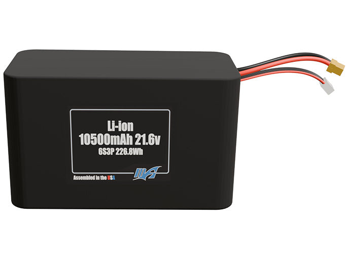 Front-facing render of the 21.6V 10500mAh 6S3P Li-ion battery, assembled in the USA by maxamps, for drone and robotics applications.
