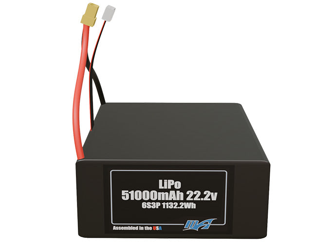 Front-facing render of the 22.2V 51000mAh 6S3P LiPo battery, assembled in the USA by maxamps, for drone and robotics applications.