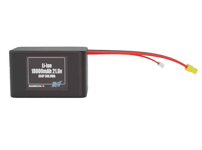 Front-facing render of the 21.6V 18000mAh 6S4P Lithium-Ion battery, assembled in the USA by maxamps, for drone and robotics applications.