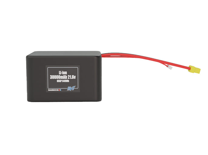 Front-facing render of the 21.6V 30000mAh 6S6P Lithium-Ion battery, assembled in the USA by maxamps, for drone and robotics applications.