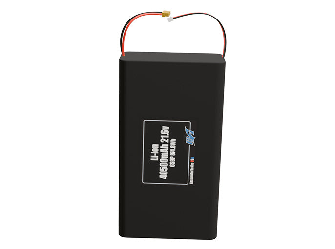 Front-facing render of the 21.6V 40500mAh 6S9P Lithium-Ion battery, assembled in the USA by maxamps, for drone and robotics applications.