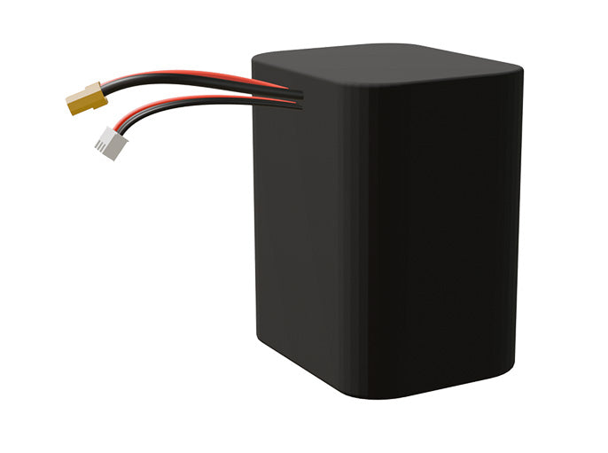 Side-angle render of a 7.2-volt 10500mAh lithium-ion battery, assembled in the USA for compact UAV, drone, and military robotics platforms.
