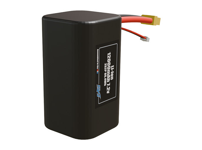 Side-angle render of a 7.2-volt 12000mAh lithium-ion battery, assembled in the USA for compact UAV, drone, and military robotics platforms.