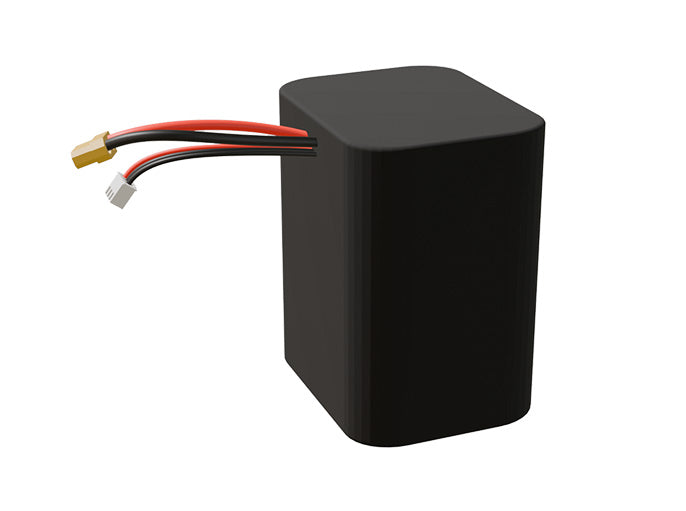 Side-angle render of a 7.2-volt 13500mAh lithium-ion battery, assembled in the USA for compact UAV, drone, and military robotics platforms.