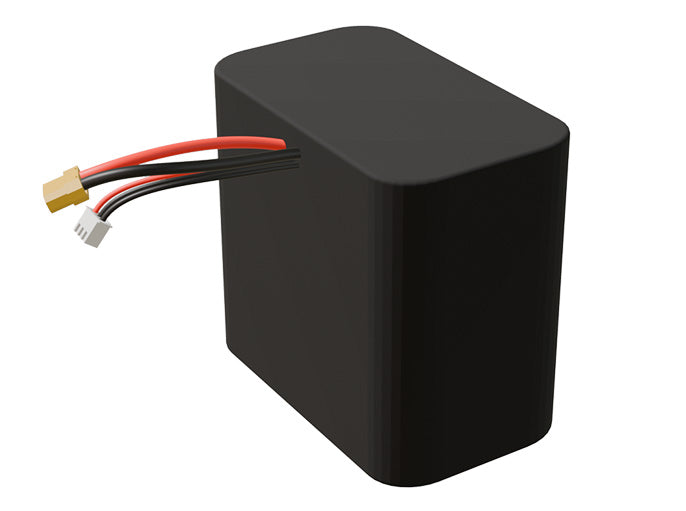 Side-angle render of a 7.2-volt 14000mAh lithium-ion battery, assembled in the USA for compact UAV, drone, and military robotics platforms.