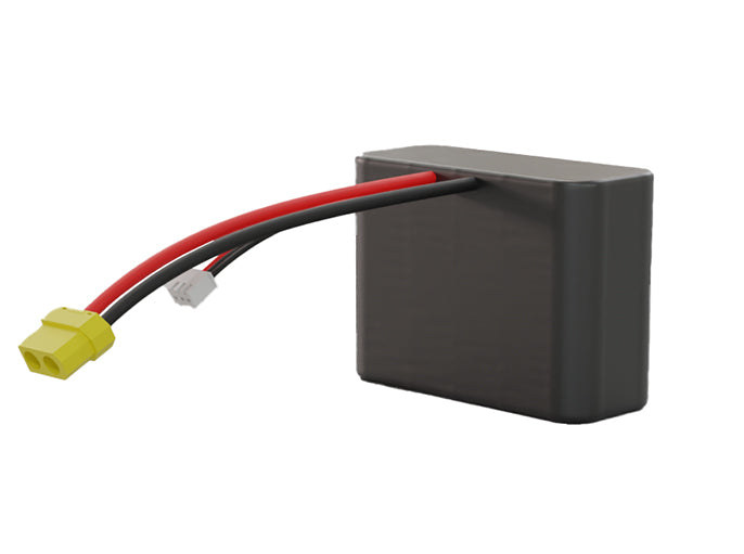 Side-angle render of a 7.2-volt 25000mAh lithium-ion battery, assembled in the USA for compact UAV, drone, and military robotics platforms.