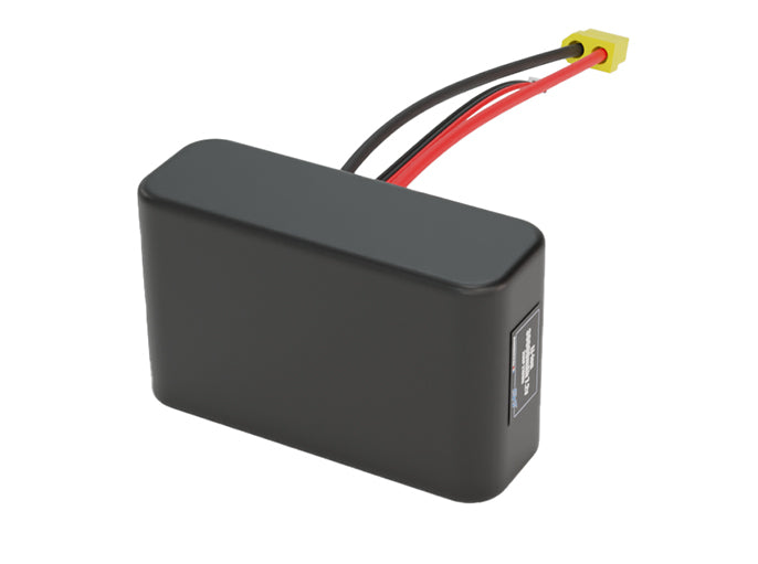 Side-angle render of a 7.2-volt 30000mAh lithium-ion battery, assembled in the USA for compact UAV, drone, and military robotics platforms.
