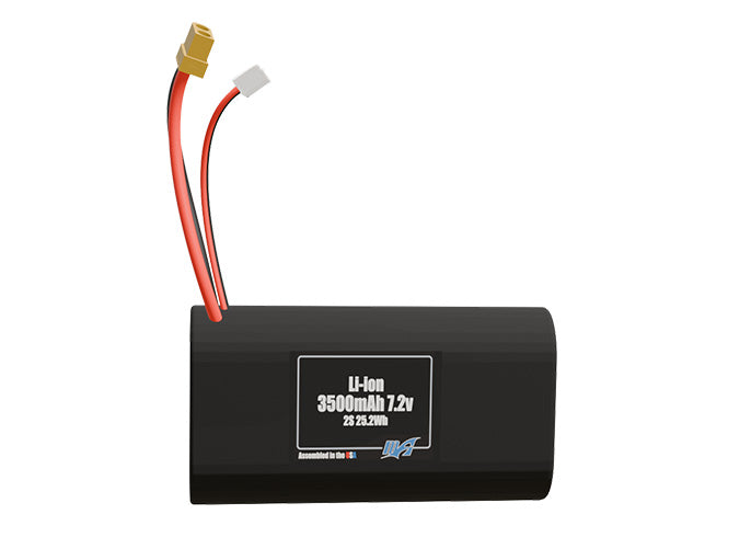 Side-angle render of a 7.2-volt 3500mAh lithium-ion battery, assembled in the USA for compact UAV, drone, and military robotics platforms.