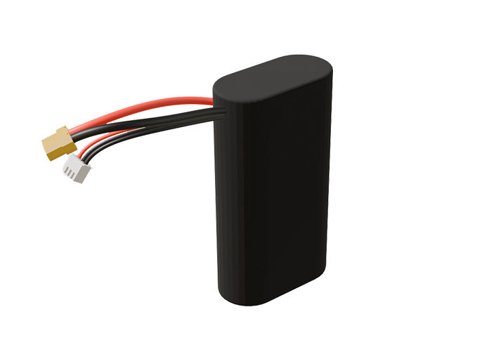 Side-angle render of a 7.2-volt 4500mAh lithium-ion battery, assembled in the USA for compact UAV, drone, and military robotics platforms.