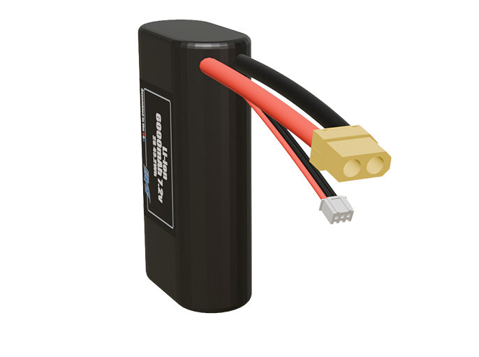 Side-angle render of a 7.2-volt 6000mAh lithium-ion battery, assembled in the USA for compact UAV, drone, and military robotics platforms.