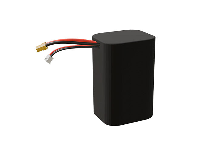 Side-angle render of a 7.2-volt 9000mAh lithium-ion battery, assembled in the USA for compact UAV, drone, and military robotics platforms.
