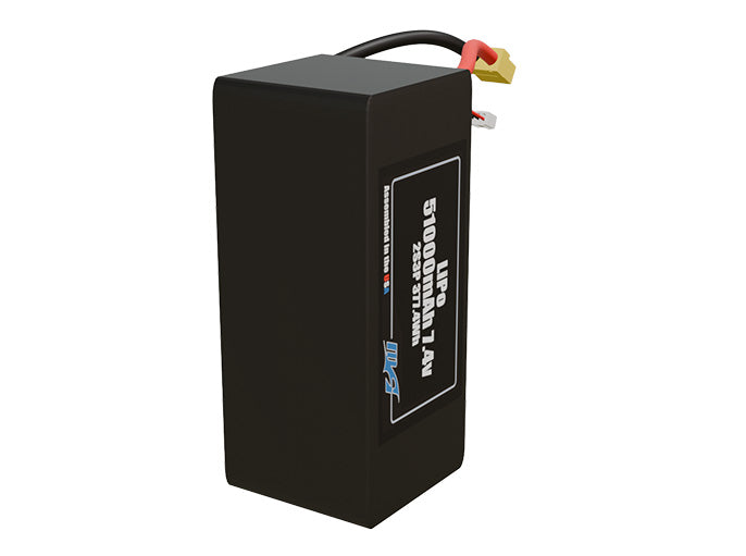 Side-angle render of a 7.4-volt 51000mAh lithium-polymer battery, assembled in the USA for compact UAV, drone, and military robotics platforms.