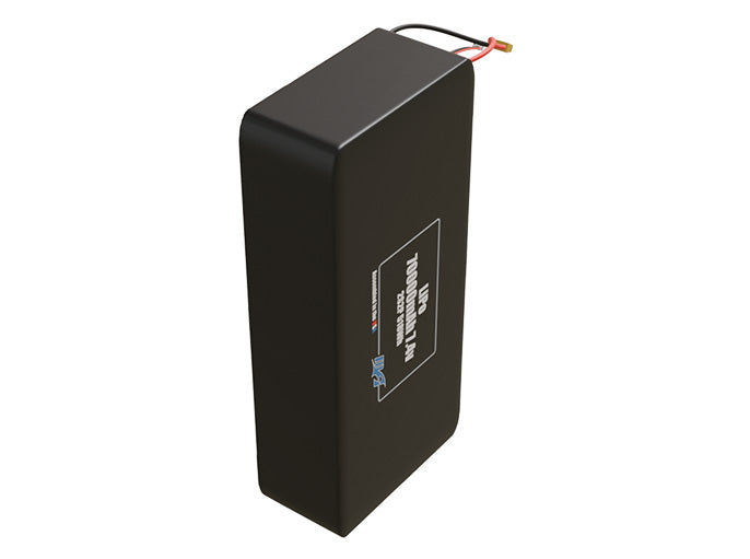 Side-angle render of a 7.4-volt 70000mAh lithium-polymer battery, assembled in the USA for compact UAV, drone, and military robotics platforms.
