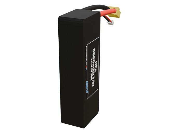 Side-angle render of a 7.4-volt 8000mAh lithium-polymer battery, assembled in the USA for compact UAV, drone, and military robotics platforms.