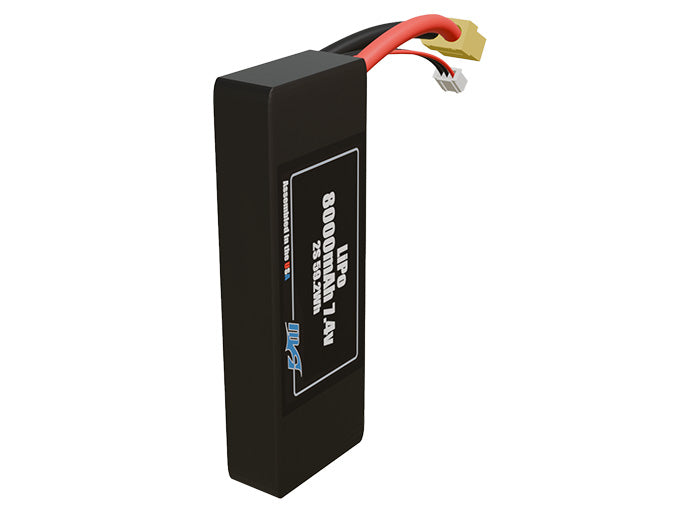 Side-angle render of a 7.4-volt 8000mAh lite lithium-polymer battery, assembled in the USA for compact UAV, drone, and military robotics platforms.