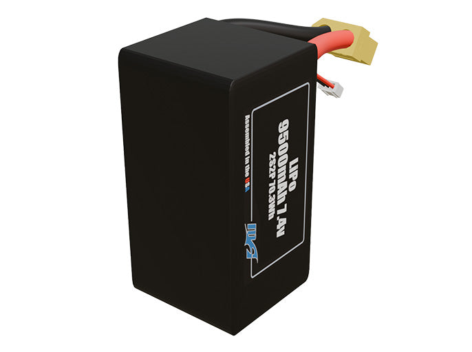 Side-angle render of a 7.4-volt 9500mAh lithium-polymer battery, assembled in the USA for compact UAV, drone, and military robotics platforms.