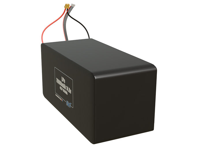 Angled product render of the 70000mAh 8-cell LiPo pack. A lightweight energy source for UAV, drone, and robotic builds.