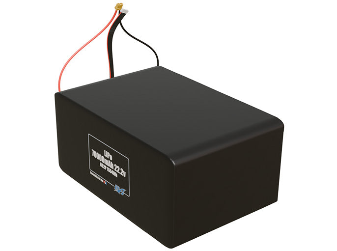 Angled product render of the 70000mAh 12-cell LiPo pack. A lightweight energy source for UAV, drone, and robotic builds.