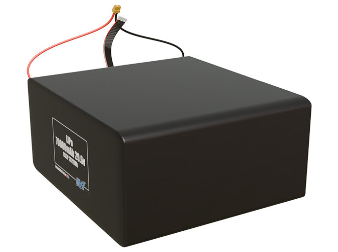 Angled product render of the 70000mAh 16-cell LiPo pack. A lightweight energy source for UAV, drone, and robotic builds.