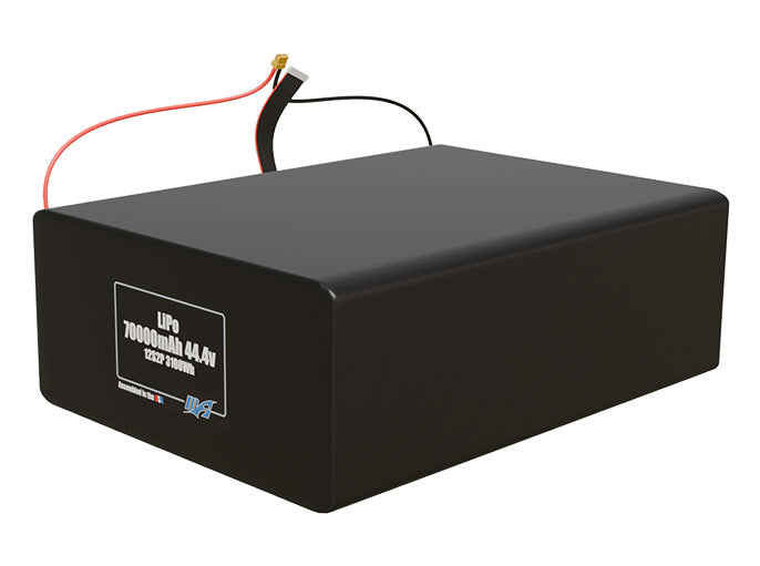 Angled product render of the 70000mAh 24-cell LiPo pack. A lightweight energy source for UAV, drone, and robotic builds.