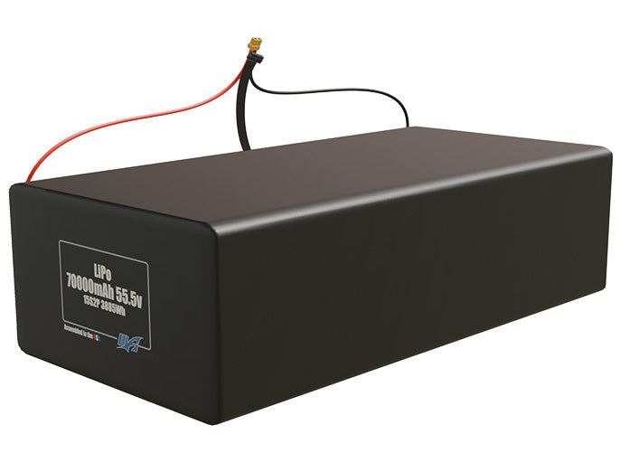 Angled product render of the 70000mAh 30-cell LiPo pack. A lightweight energy source for UAV, drone, and robotic builds.