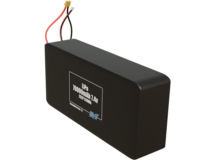 Angled product render of the 70000mAh 4-cell LiPo pack. A lightweight energy source for UAV, drone, and robotic builds.