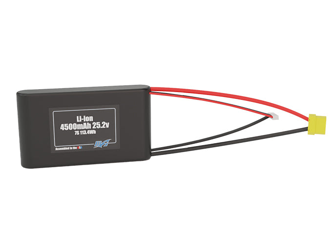 Front-facing render of the 25.2V 4500mAh 7S Li-ion battery, assembled in the USA by maxamps, for drone and robotics applications.