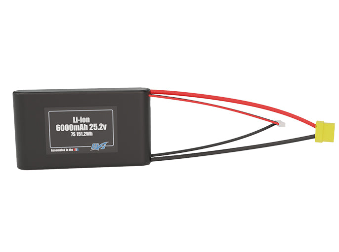 Front-facing render of the 25.2V 6000mAh 7S Li-ion battery, assembled in the USA by maxamps, for drone and robotics applications.