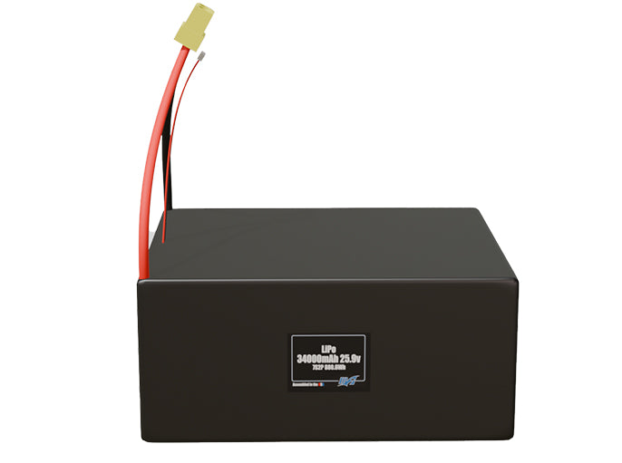 Front-facing render of the 25.9V 34000mAh 7S2P LiPo battery, assembled in the USA by maxamps, for drone and robotics applications.