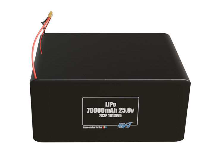 Front-facing render of the 25.9V 70000mAh 7S2P LiPo battery, assembled in the USA by maxamps, for drone and robotics applications.