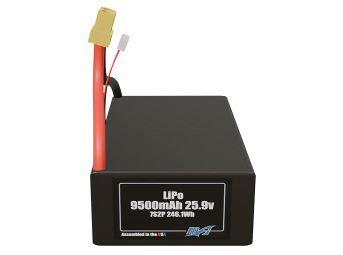 Front-facing render of the 25.9V 9500mAh 7S2P LiPo battery, assembled in the USA by maxamps, for drone and robotics applications.