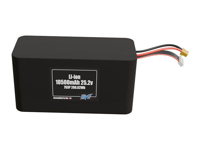 Front-facing render of the 25.2V 10500mAh 7S3P Li-ion battery, assembled in the USA by maxamps, for drone and robotics applications.