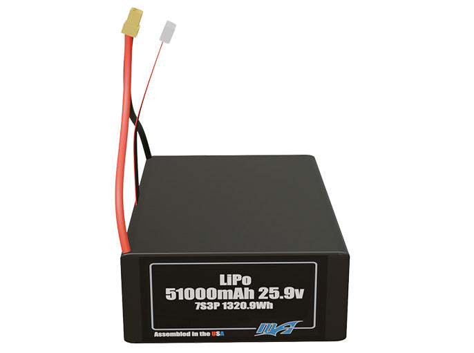 Front-facing render of the 25.9V 51000mAh 7S3P LiPo battery, assembled in the USA by maxamps, for drone and robotics applications.