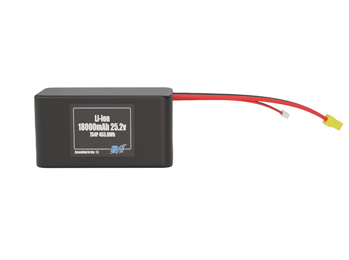 Front-facing render of the 25.2V 18000mAh 7S4P Lithium-Ion battery, assembled in the USA by maxamps, for drone and robotics applications.