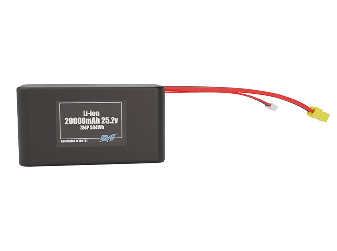 Front-facing render of the 25.2V 20000mAh 7S4P Lithium-Ion battery, assembled in the USA by maxamps, for drone and robotics applications.