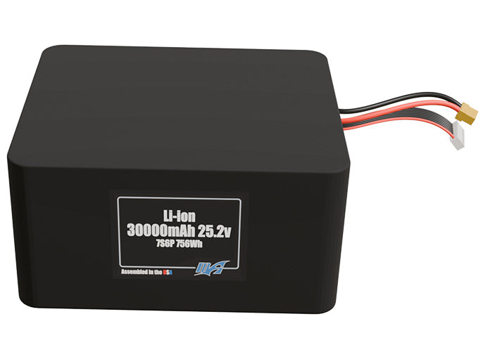 Front-facing render of the 25.2V 30000mAh 7S6P Lithium-Ion battery, assembled in the USA by maxamps, for drone and robotics applications.