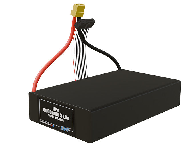 Angled product render of the 8000mAh twenty-eight-cell LiPo pack. A lightweight energy source for UAV, drone, and robotic builds.
