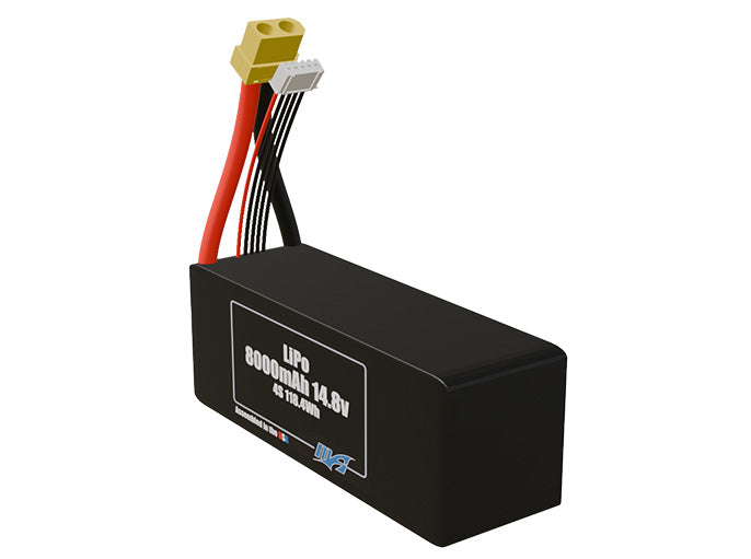 Angled product render of the 8000mAh lite four-cell LiPo pack. A lightweight energy source for UAV, drone, and robotic builds.
