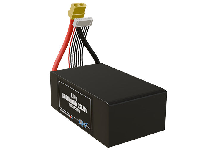 Angled product render of the 8000mAh lite seven-cell LiPo pack. A lightweight energy source for UAV, drone, and robotic builds.
