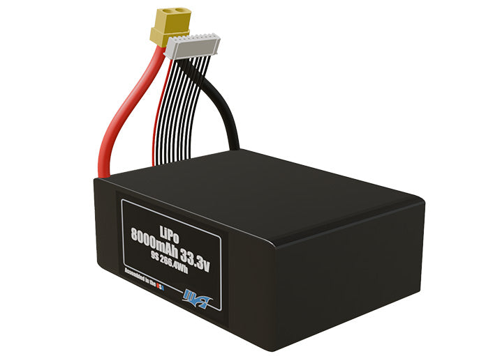 Angled product render of the 8000mAh lite nine-cell LiPo pack. A lightweight energy source for UAV, drone, and robotic builds.
