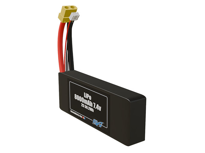 Angled product render of the 8000mAh lite two-cell LiPo pack. A lightweight energy source for UAV, drone, and robotic builds.
