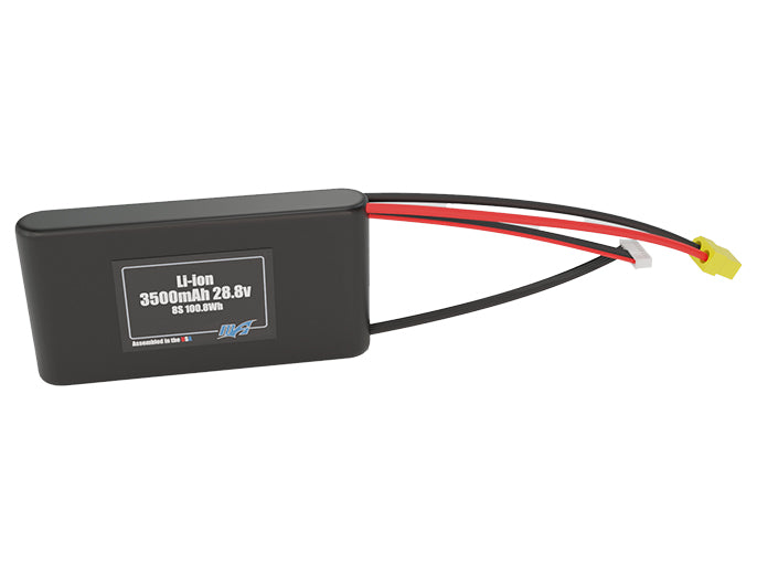 Front-facing render of the 28.8V 3500mAh 8S Li-ion battery, assembled in the USA by maxamps, for drone and robotics applications.