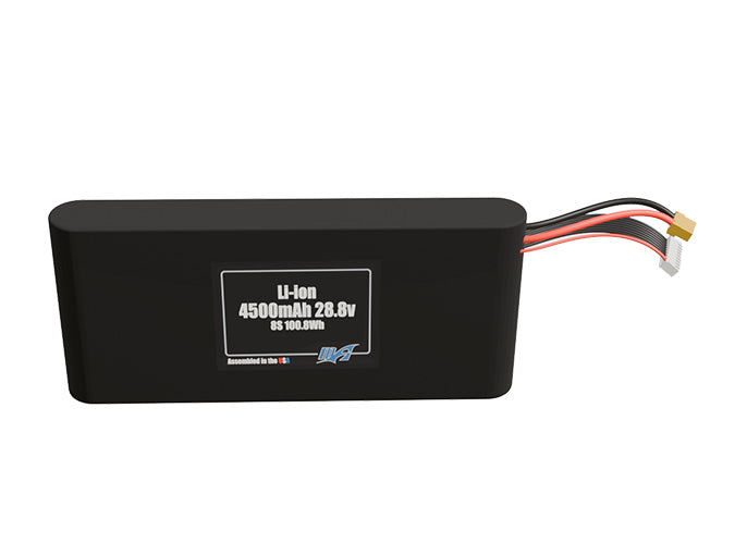 Front-facing render of the 28.8V 4500mAh 8S Li-ion battery, assembled in the USA by maxamps, for drone and robotics applications.