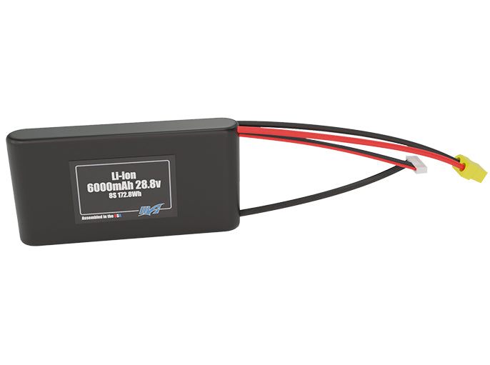 Front-facing render of the 28.8V 6000mAh 8S Li-ion battery, assembled in the USA by maxamps, for drone and robotics applications.