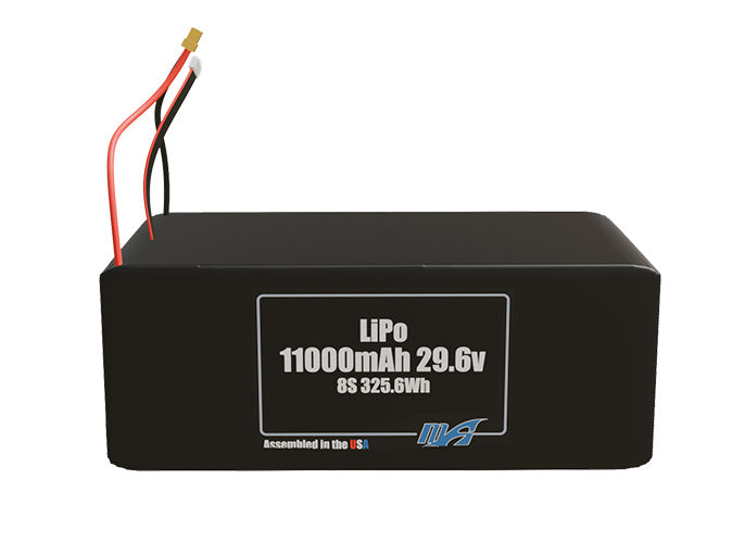 Front-facing render of the 29.6V 11000mAh 8S LiPo battery, assembled in the USA by maxamps, for drone and robotics applications.
