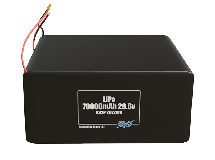 Front-facing render of the 29.6V 70000mAh 8S2P LiPo battery, assembled in the USA by maxamps, for drone and robotics applications.