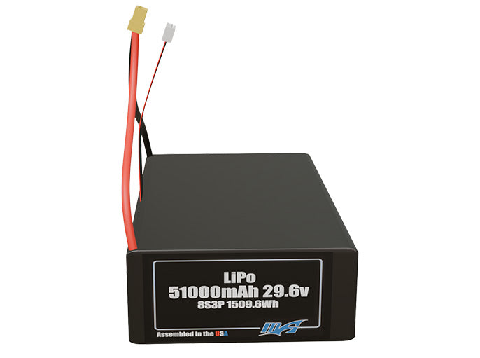Front-facing render of the 29.6V 51000mAh 8S3P LiPo battery, assembled in the USA by maxamps, for drone and robotics applications.