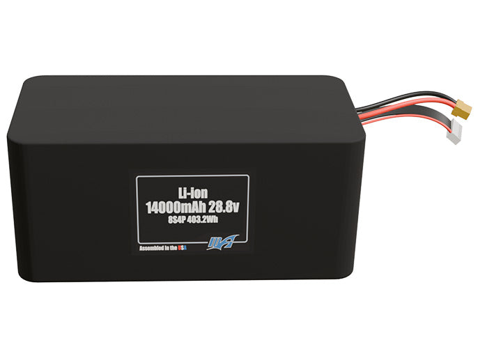 Front-facing render of the 28.8V 14000mAh 8S4P Lithium-Ion battery, assembled in the USA by maxamps, for drone and robotics applications.